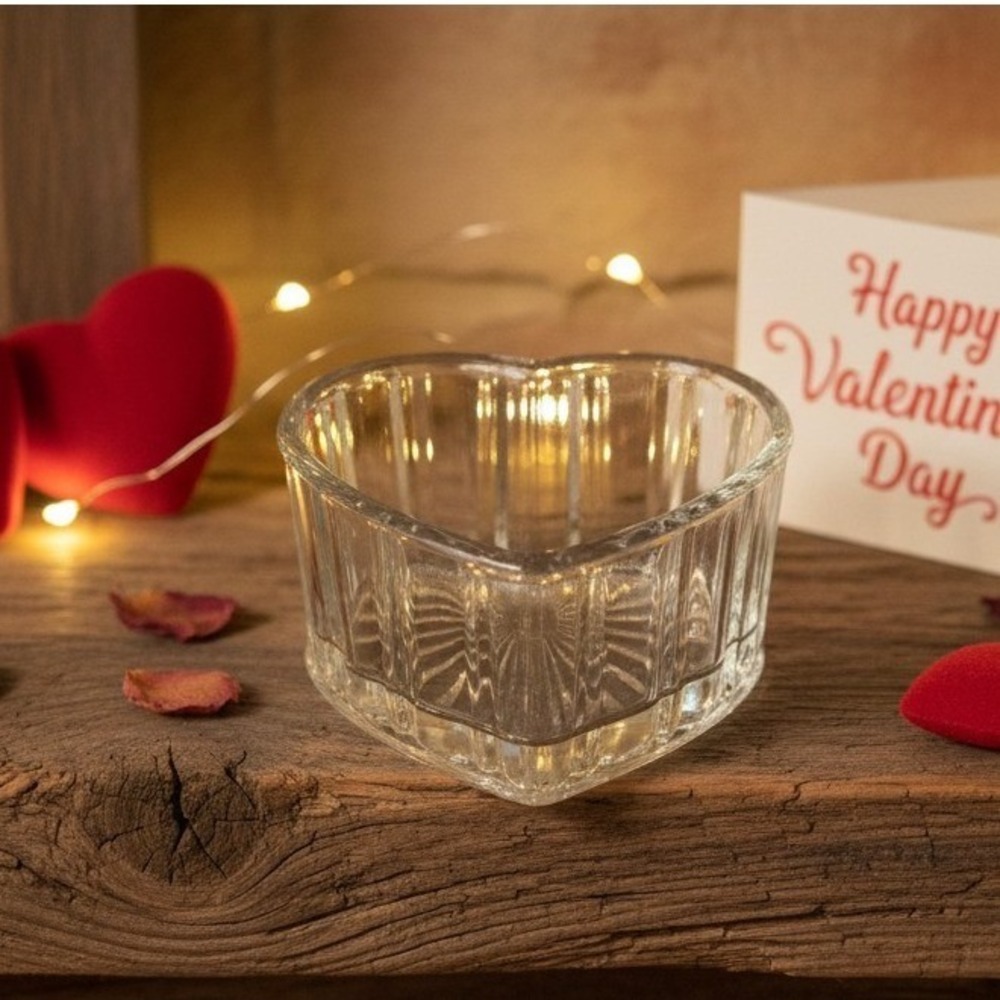 Libbey Style Ribbed‎ Heart Glass Bowl, Starburst Pattern, Heavy Clear Glassware